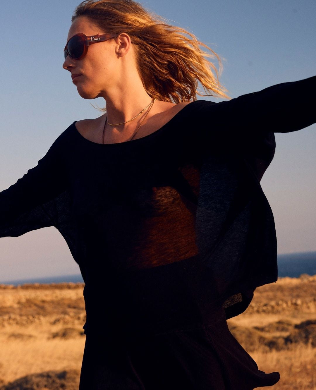 Black Tissue Cashmere Off-Shoulder Top