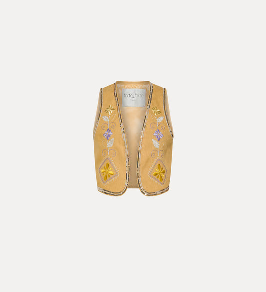 Linen Vest with Embroidered Detailing Grano