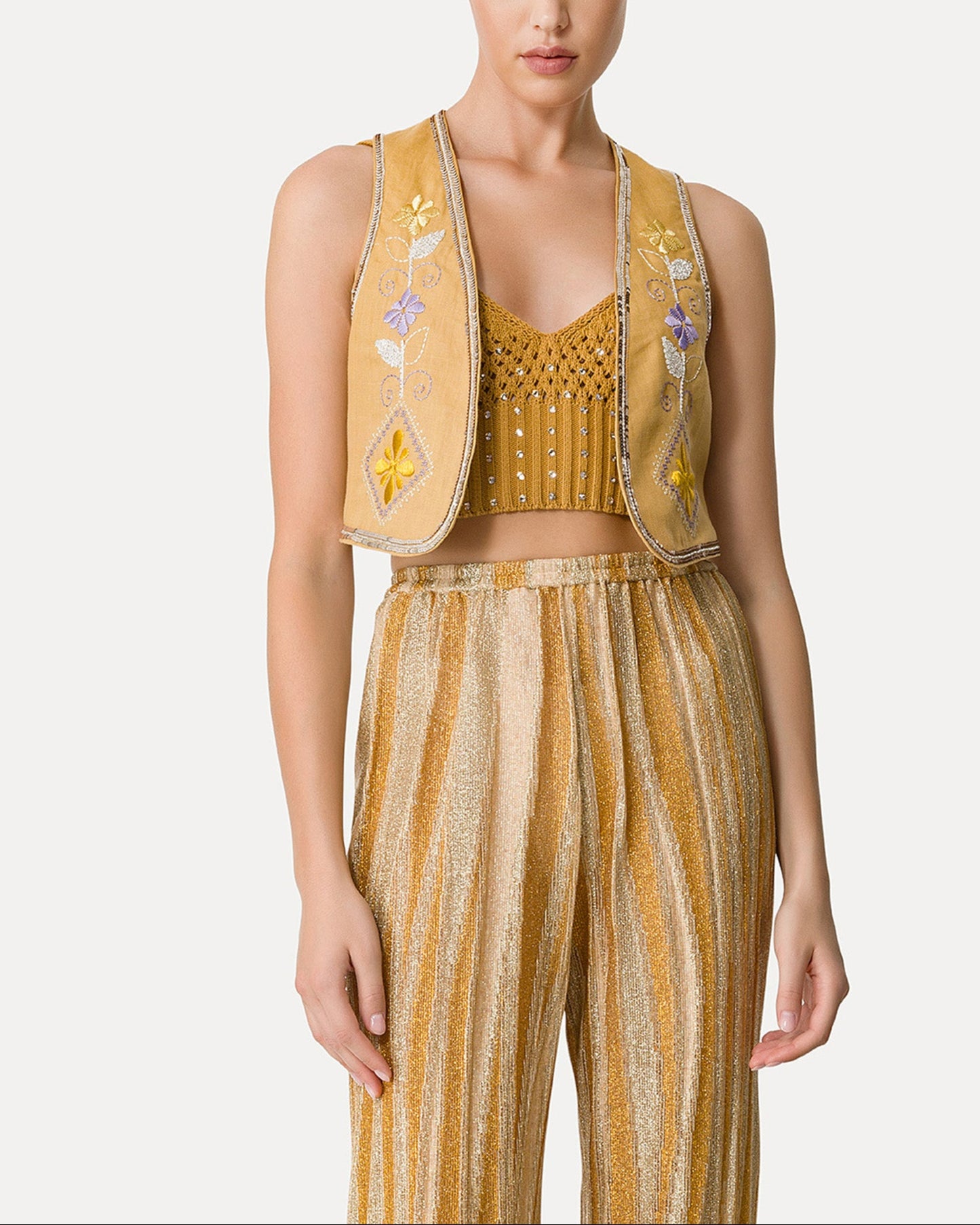 Linen Vest with Embroidered Detailing Grano