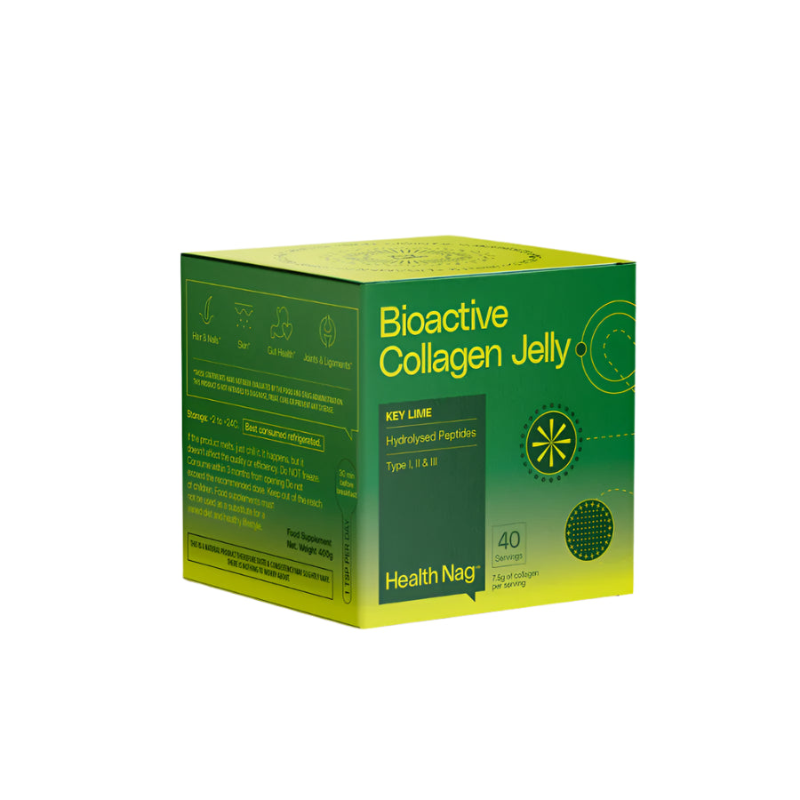 A green box of Bioactive Collagen Jelly Key Lime flavor by Health Nag. The packaging includes product information and certifications, such as Halal and no added sugars.