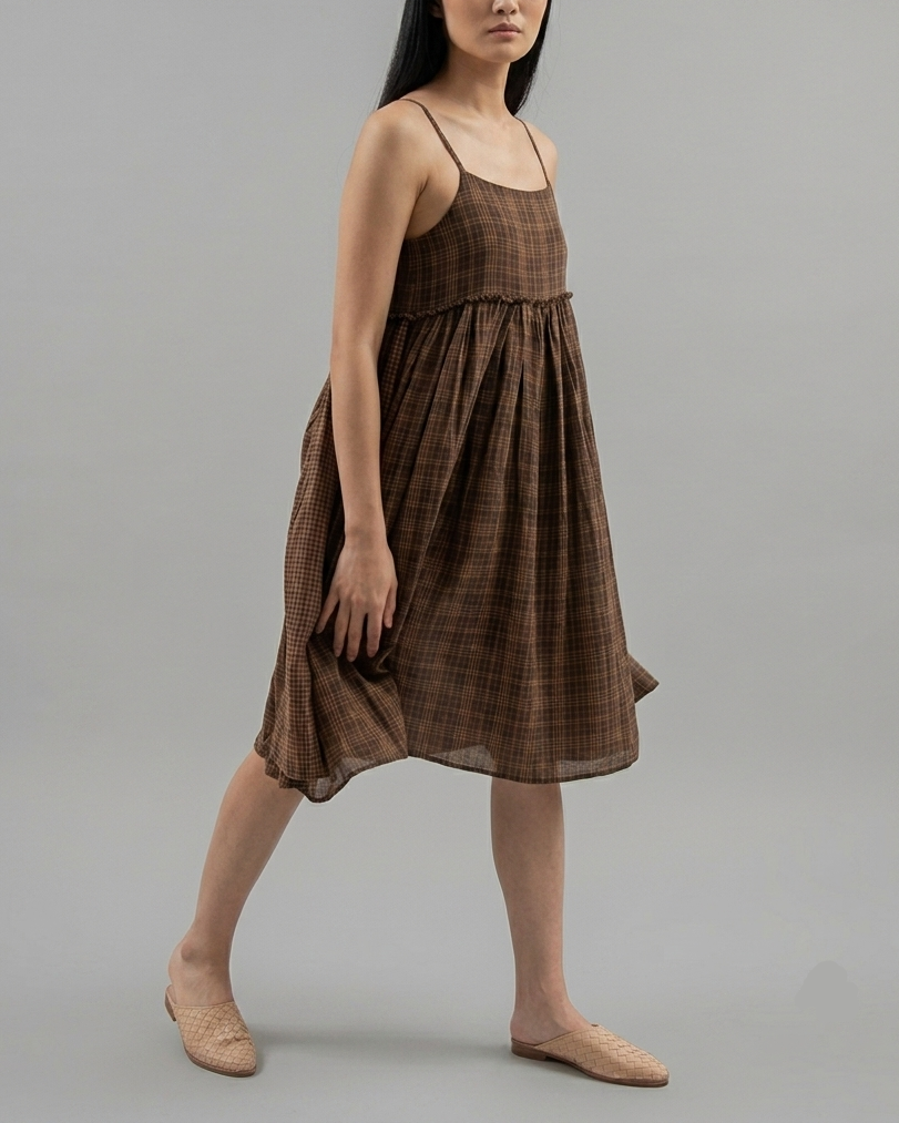 Gathered Slip Dress Check Brown