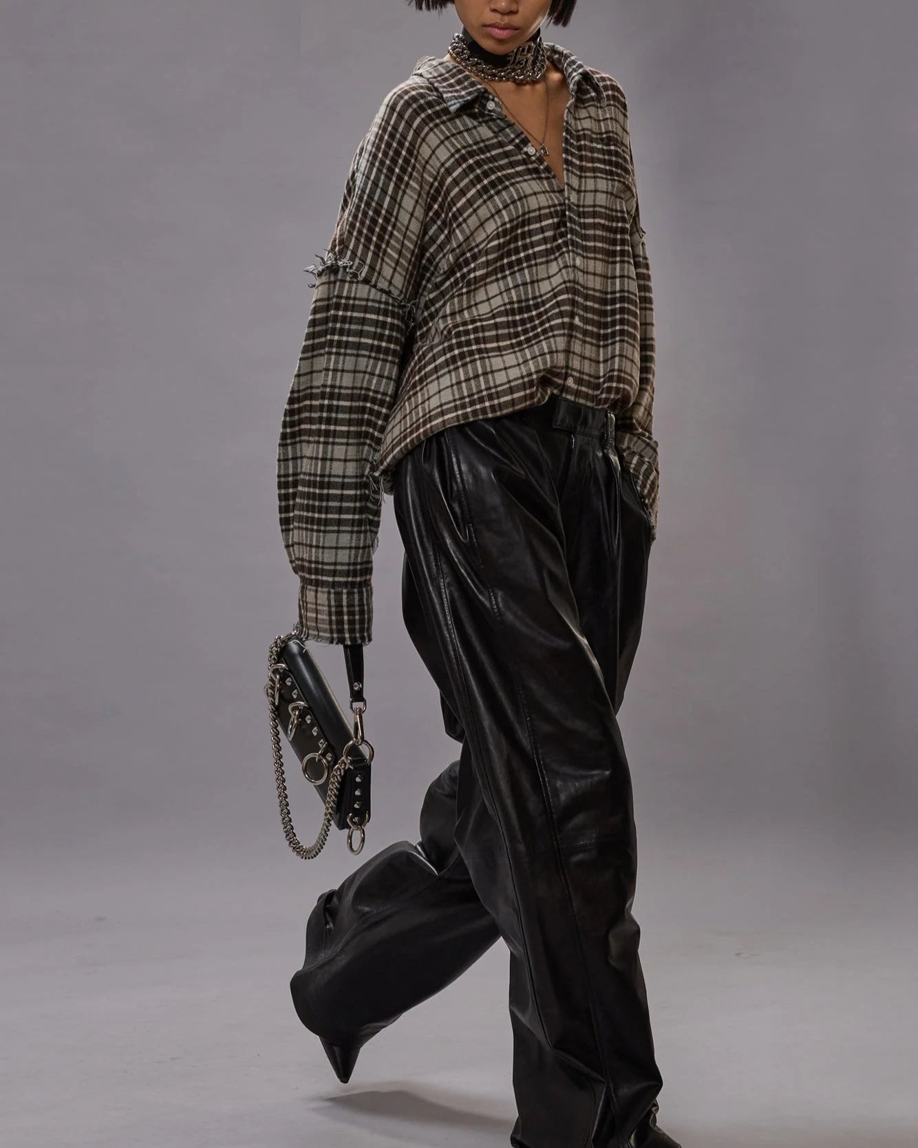 Shredded Seam Drop Neck Shirt Blue/Grey Plaid