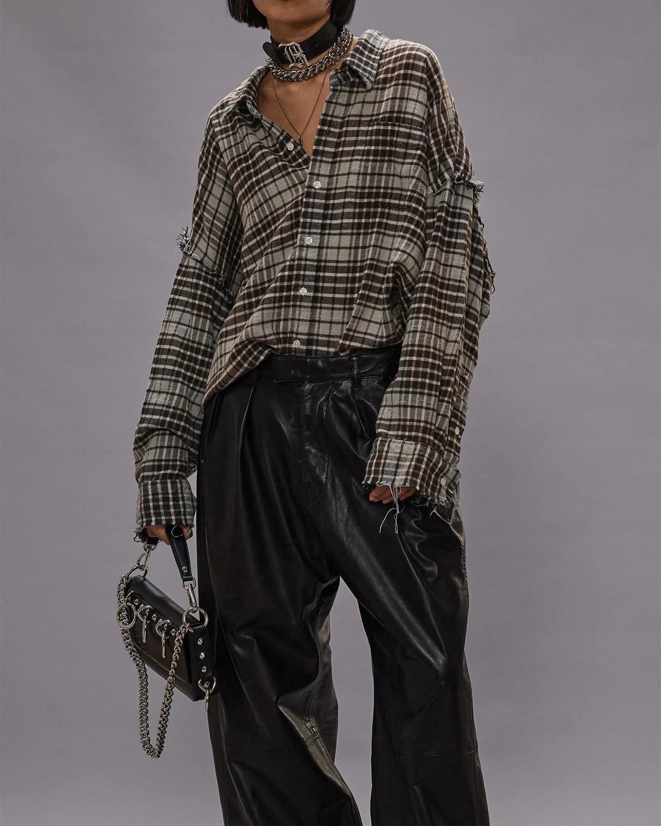 Shredded Seam Drop Neck Shirt Blue/Grey Plaid