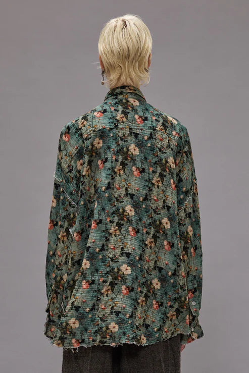 Shredded Seam Ruffle Shirt Turquoise Floral