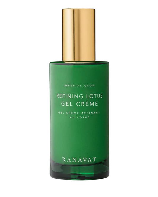 Green bottle of Ranavat Refining Lotus Gel Creme with gold cap on a white background