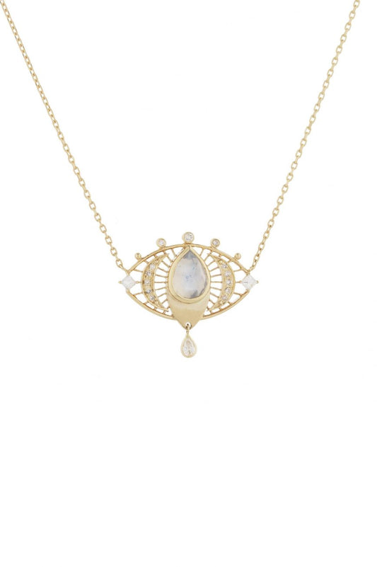 Moonstone Pear and Diamonds Open Eye Chain Necklace