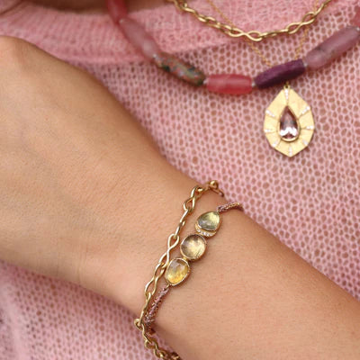 Triple Orbit Halo Sapphire Silk Gold Bracelet