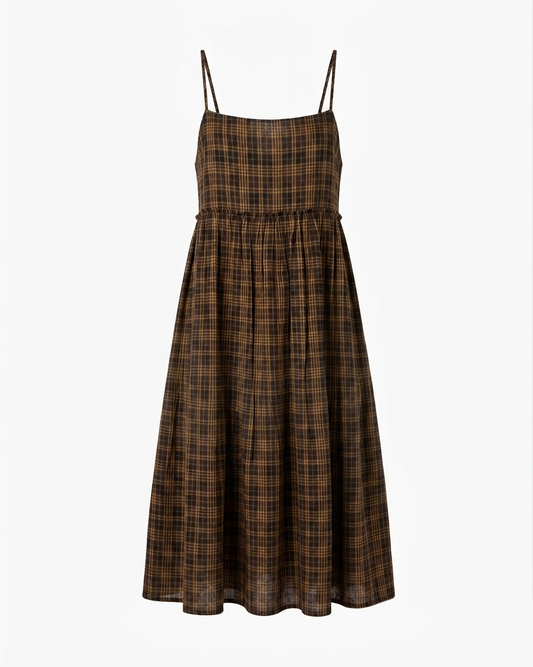 Gathered Slip Dress Check Brown