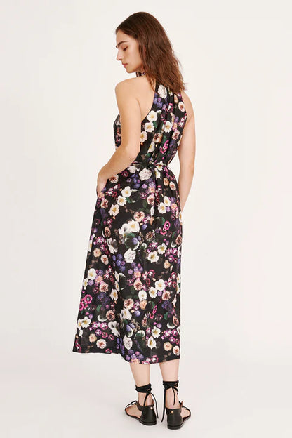 Halter Midi Dress - Black Floral