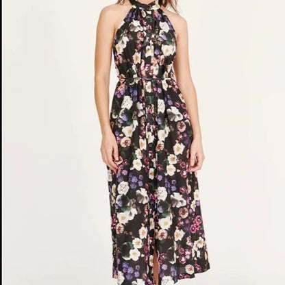 Halter Midi Dress - Black Floral