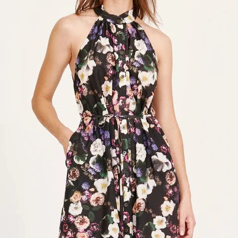 Halter Midi Dress - Black Floral