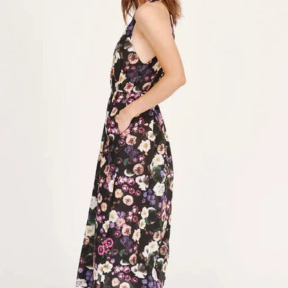 Halter Midi Dress - Black Floral