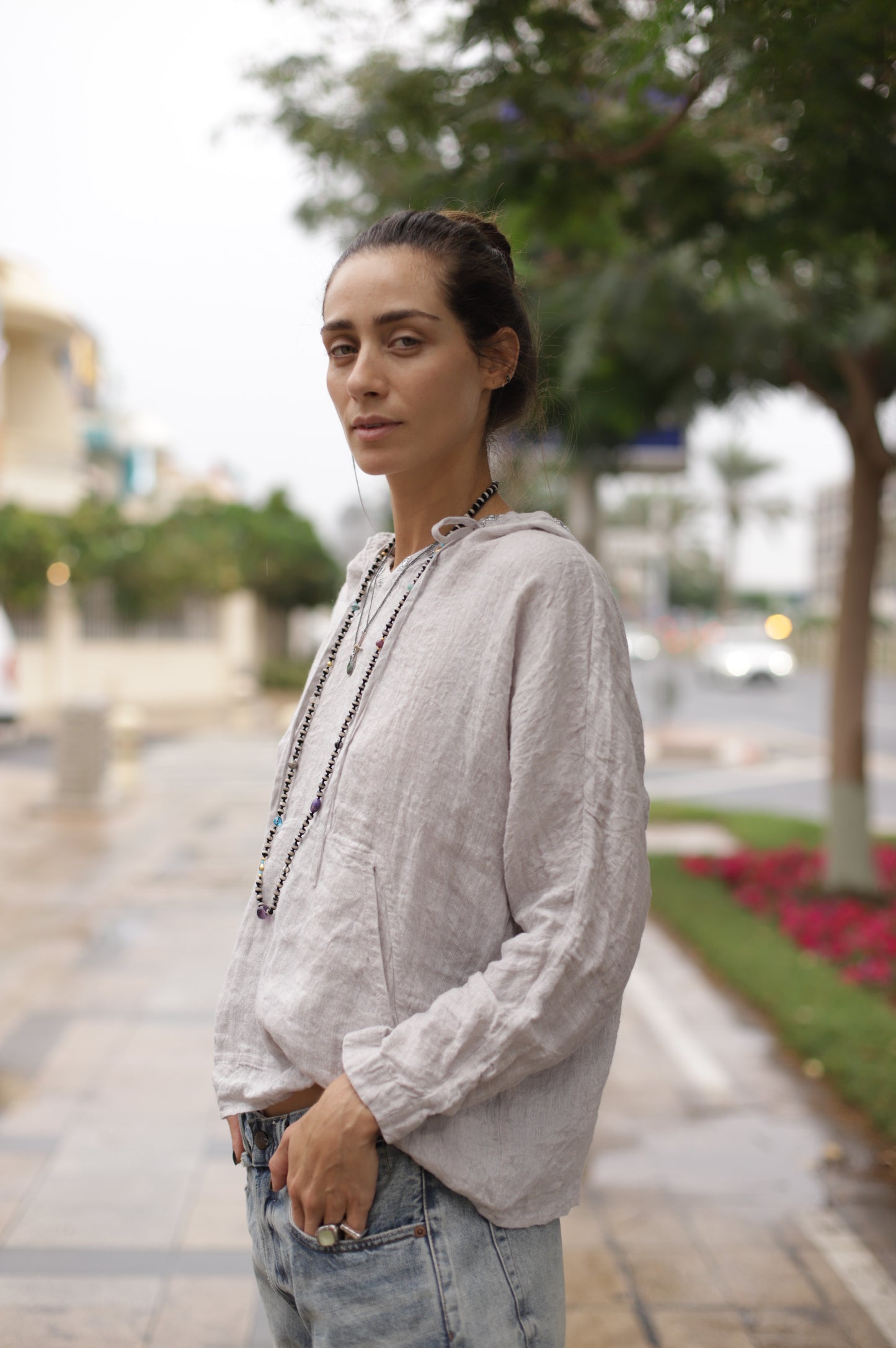 Gray Hooded Parka with Mirror Works