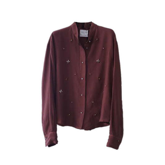 Crystal Embellished Silk Shirt Cacao