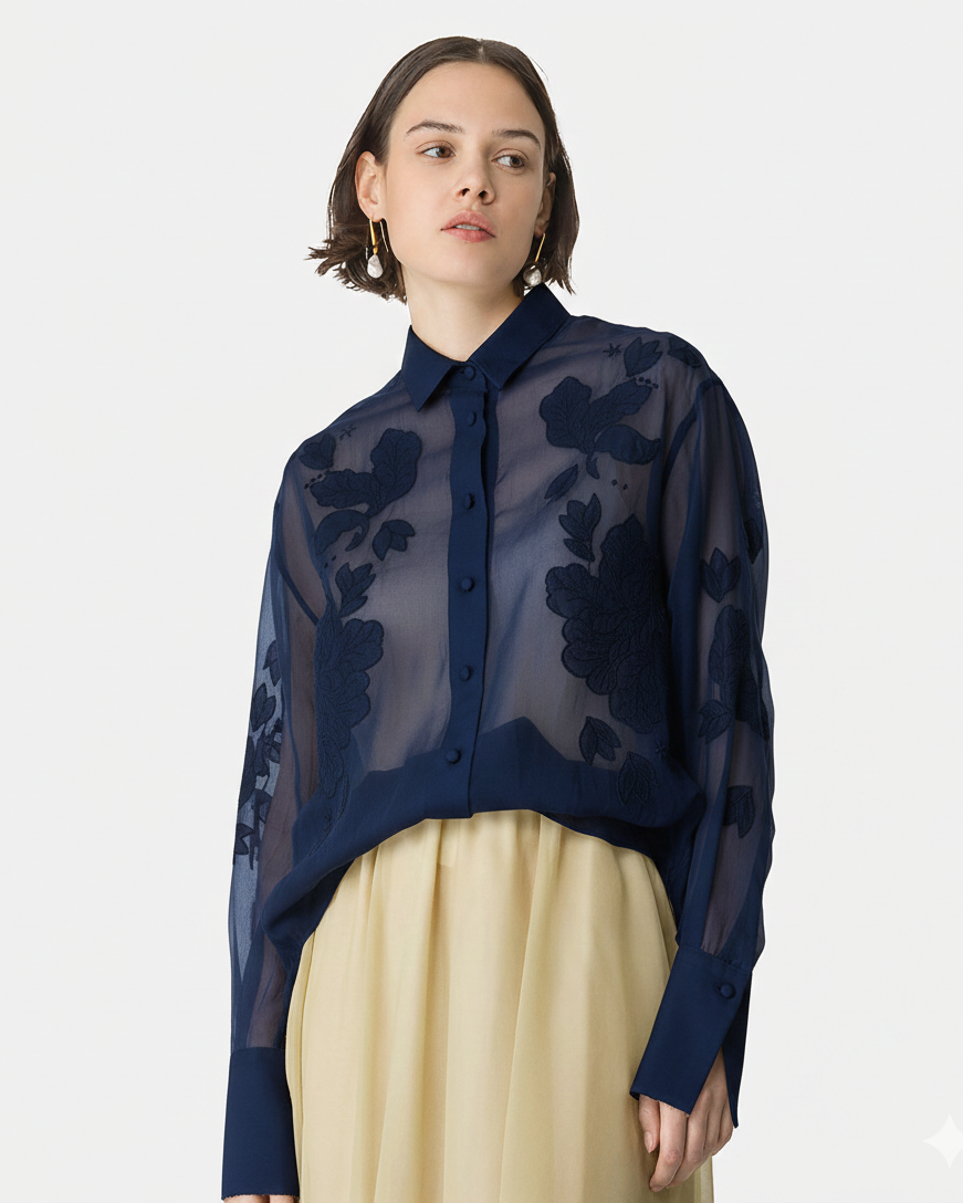 Organza Shirt with "Iris Velvet" Embroidery Notte