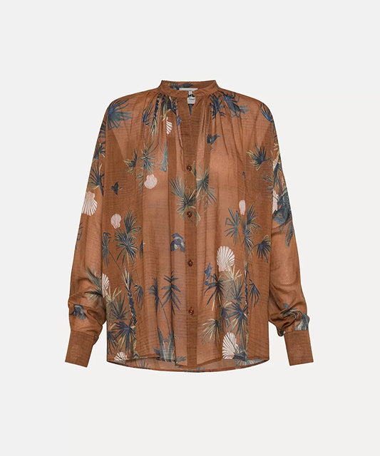 “Sacred Forest” Silk And Cotton Voile Bohemian Shirt Cacao