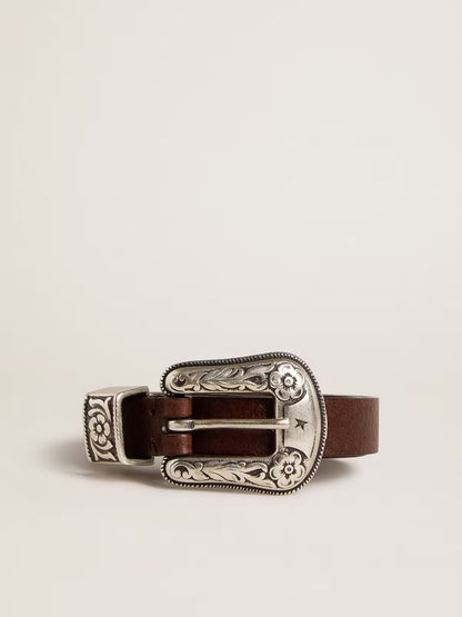 Leather Belt with Silver Buckle Dark Brown
