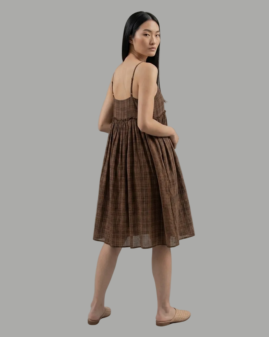 Gathered Slip Dress Check Brown