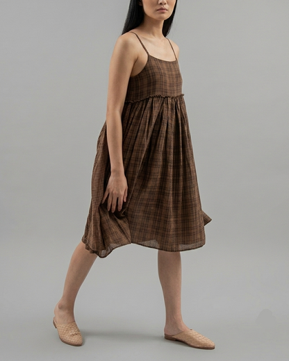 Gathered Slip Dress Check Brown
