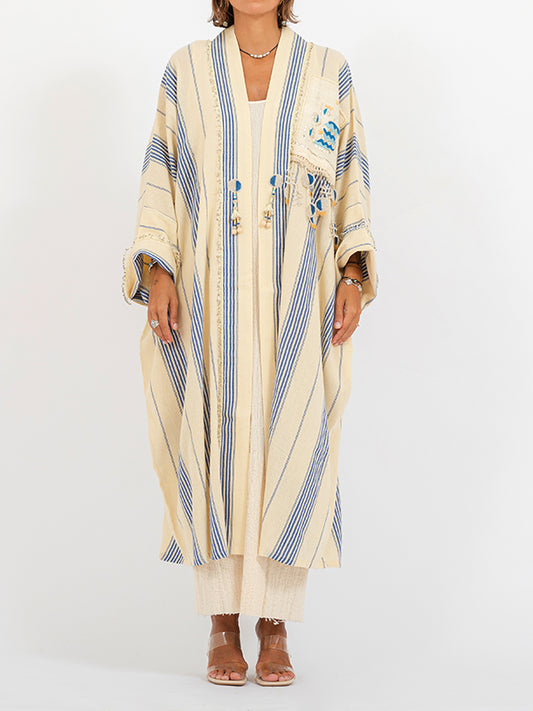 Antique Patch Mid Length Kaftan Yellow/Blue Stripes 2