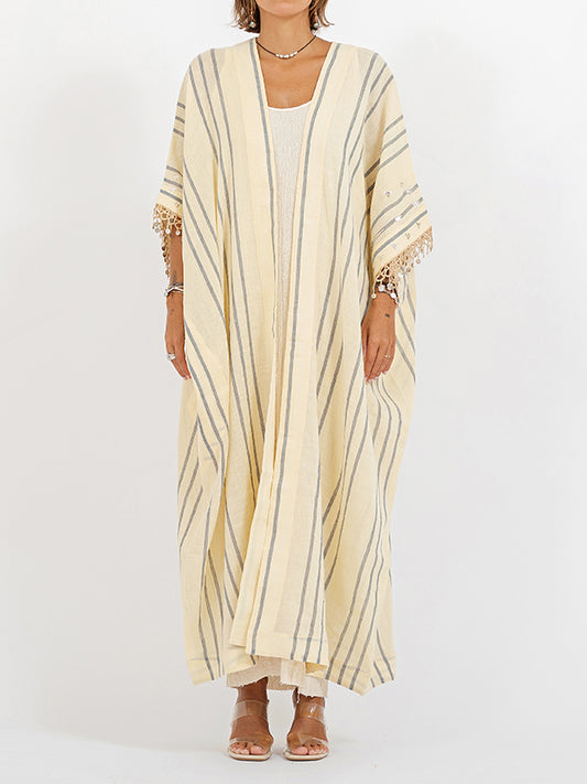 Sarma Midi Bisht with Pockets Yellow/Blue Stripes