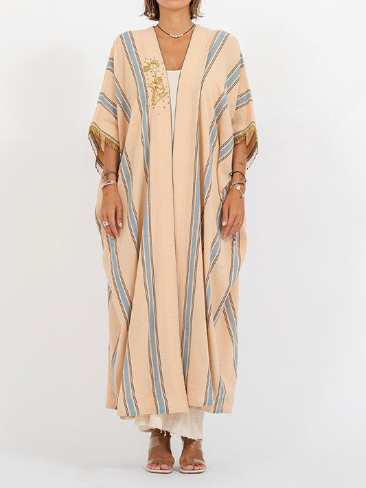 Sirma Midi Bisht with Pockets Peach/Blue Stripes 1