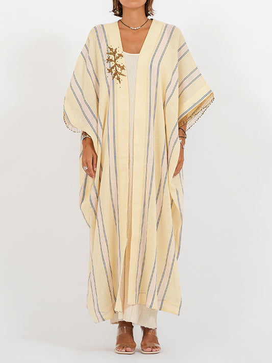 Sirma Midi Bisht with Pockets Yellow/Pink Stripes