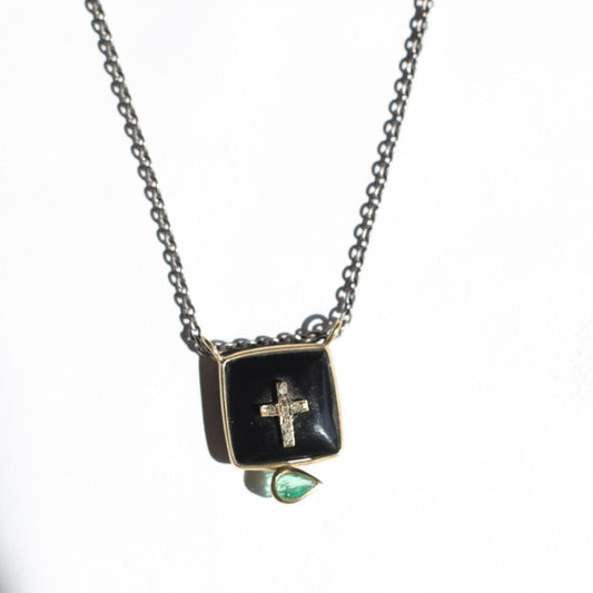 Onyx and Emerald Cross Necklace