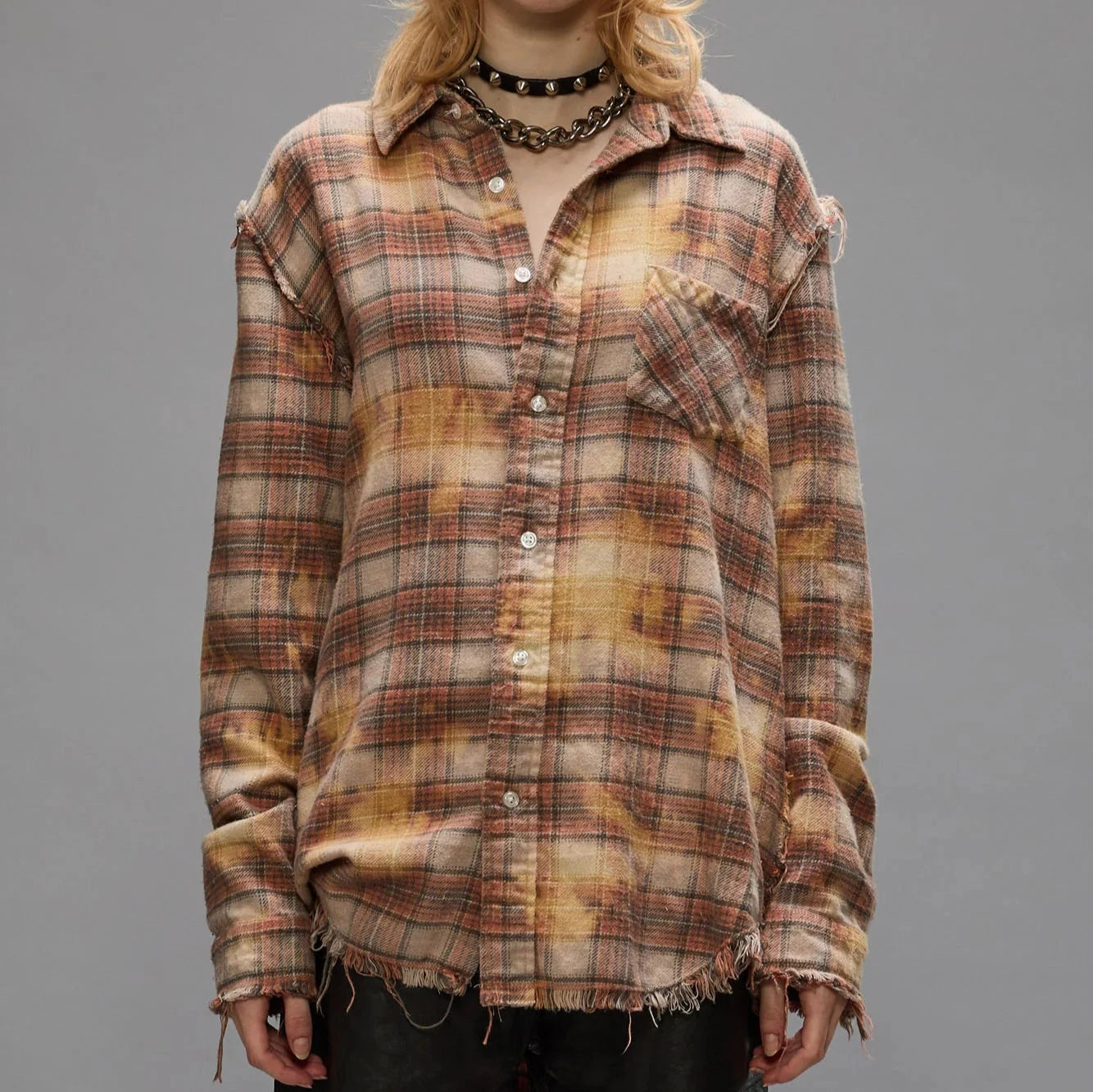 Orange Plaid Shredded Seam Shirt