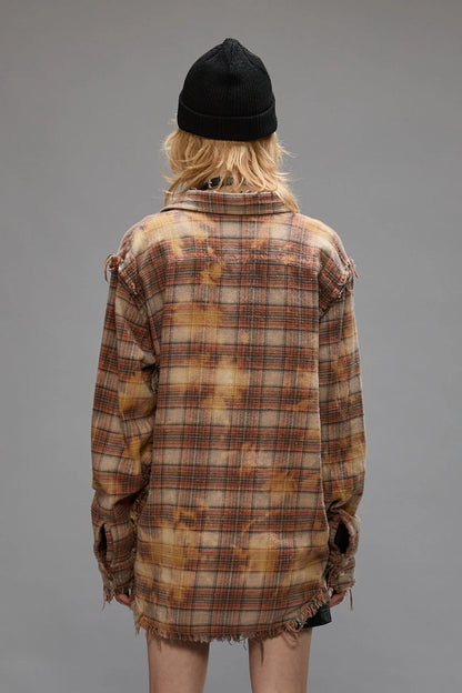 Orange Plaid Shredded Seam Shirt