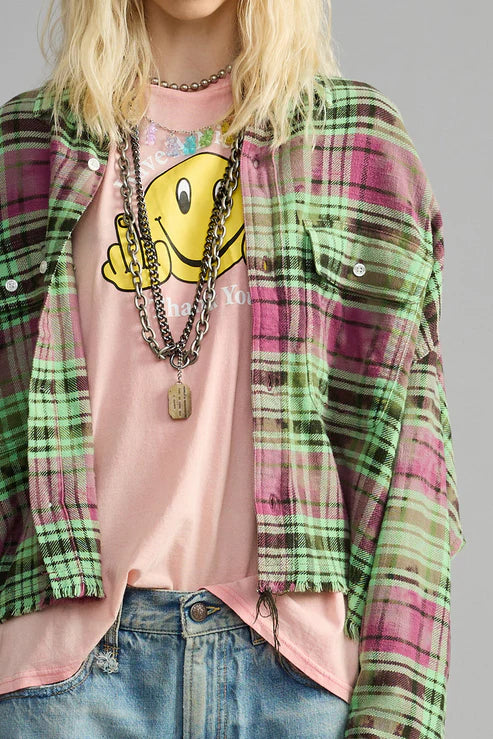 Cropped Work Shirt Pink Green Plaid