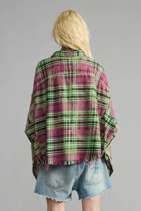 Cropped Work Shirt Pink Green Plaid