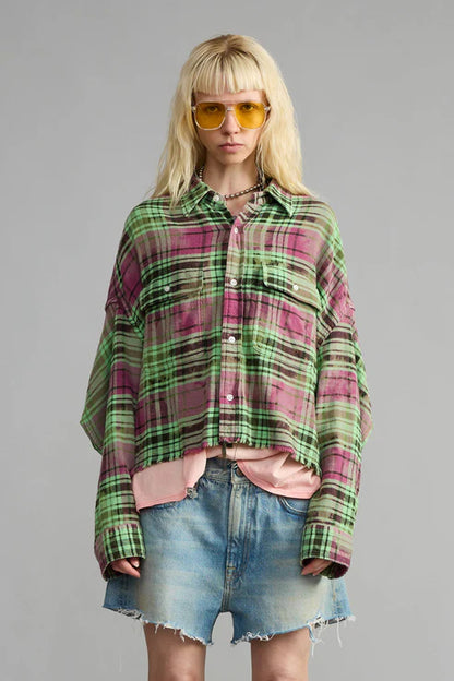 Cropped Work Shirt Pink Green Plaid
