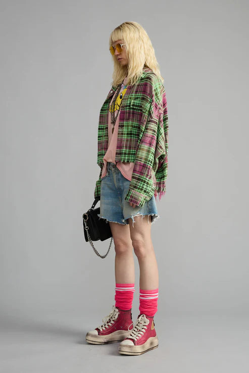 Cropped Work Shirt Pink Green Plaid