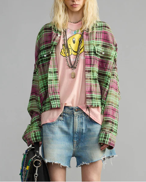 Cropped Work Shirt Pink Green Plaid