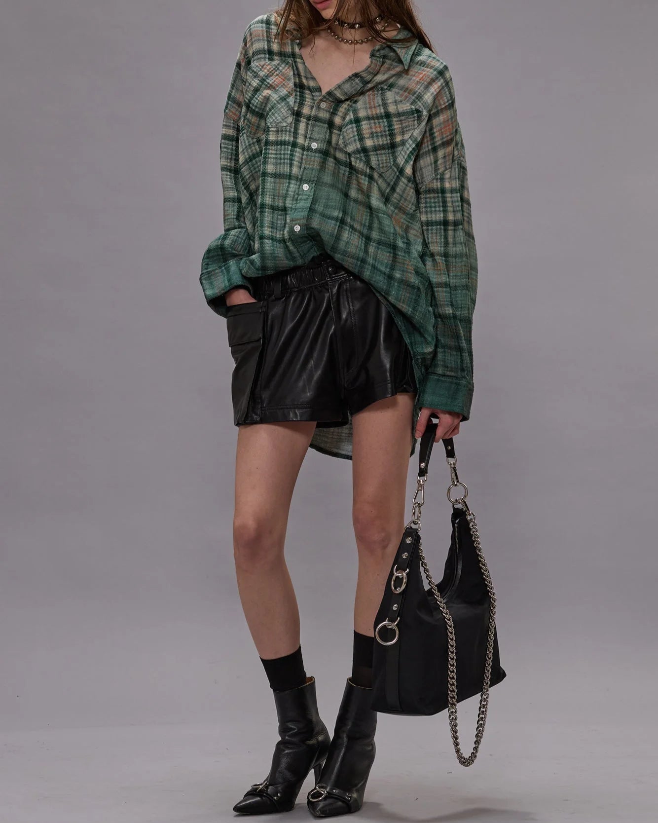 Drop Neck Workshirt Dipped Black Turquoise Plaid