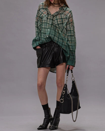 Drop Neck Workshirt Dipped Black Turquoise Plaid