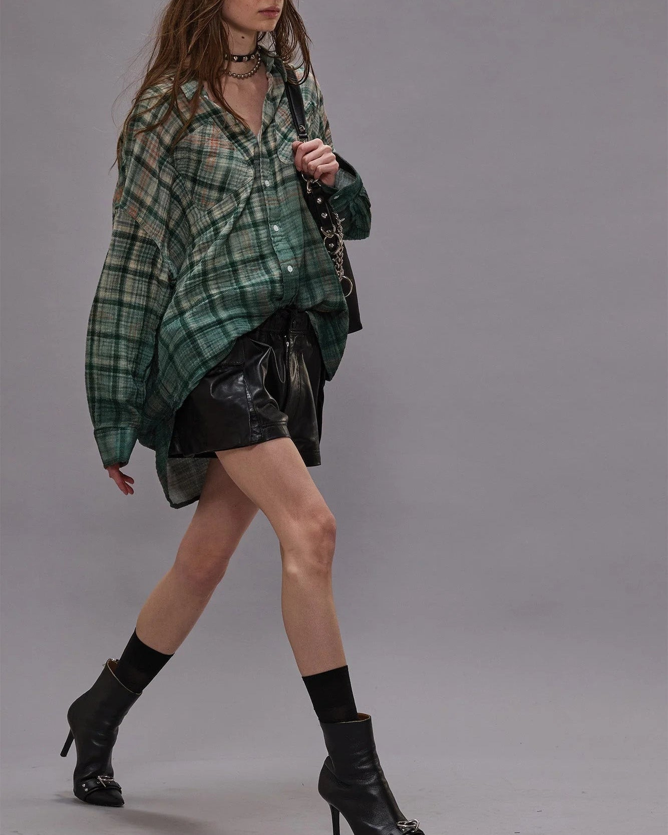 Drop Neck Workshirt Dipped Black Turquoise Plaid