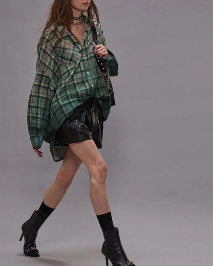 Drop Neck Workshirt Dipped Black Turquoise Plaid