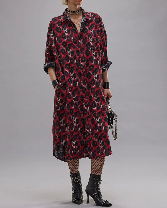 Reversible Jumbo Shirtdress Black Ecru with Red Leopard