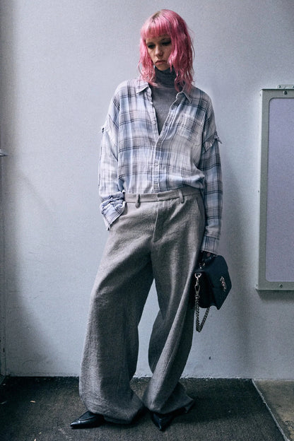 Shredded Seam Drop Neck Shirt Blue Bleached Plaid