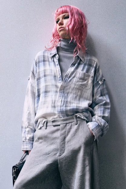 Shredded Seam Drop Neck Shirt Blue Bleached Plaid