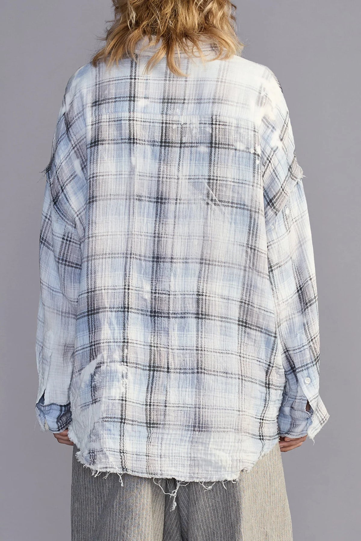 Shredded Seam Drop Neck Shirt Blue Bleached Plaid