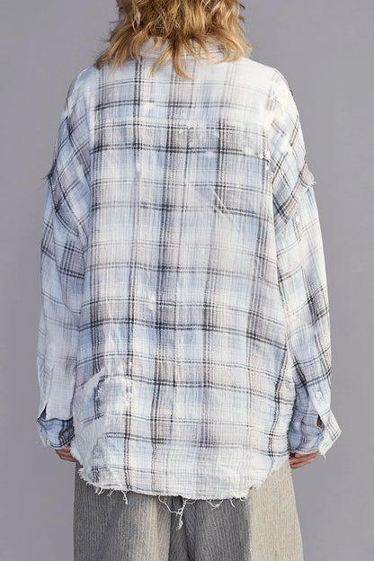 Shredded Seam Drop Neck Shirt Blue Bleached Plaid
