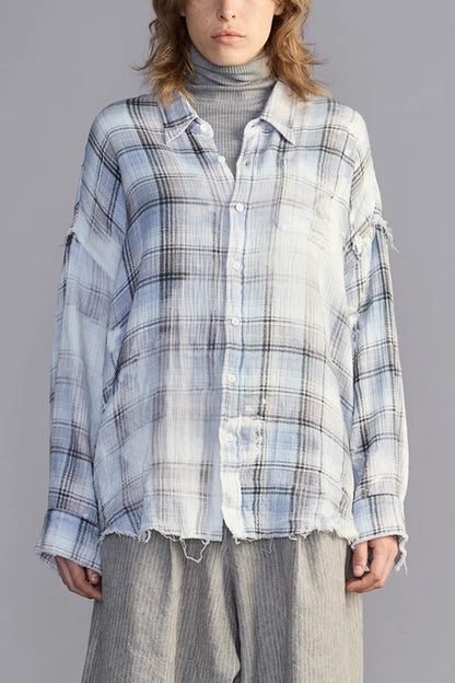 Shredded Seam Drop Neck Shirt Blue Bleached Plaid