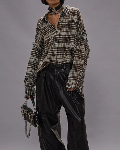 Shredded Seam Drop Neck Shirt Blue/Grey Plaid