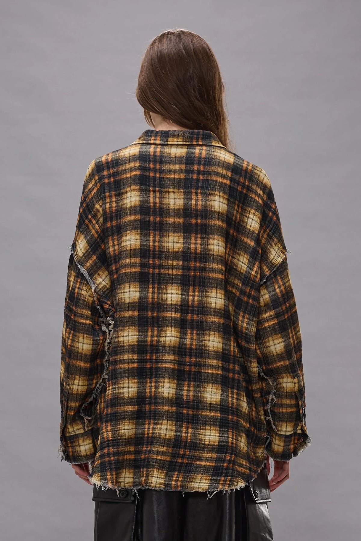 Shredded Seam Drop Neck Shirt Brown Plaid