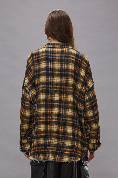 Shredded Seam Drop Neck Shirt Brown Plaid