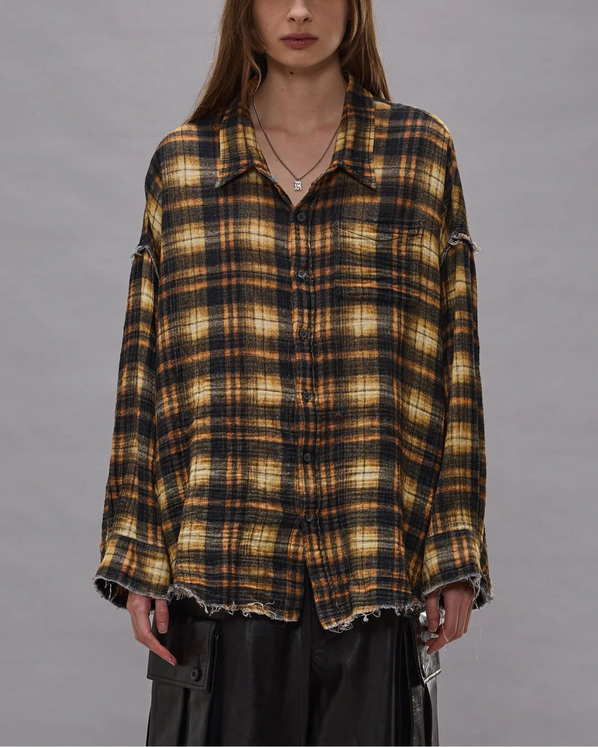 Shredded Seam Drop Neck Shirt Brown Plaid
