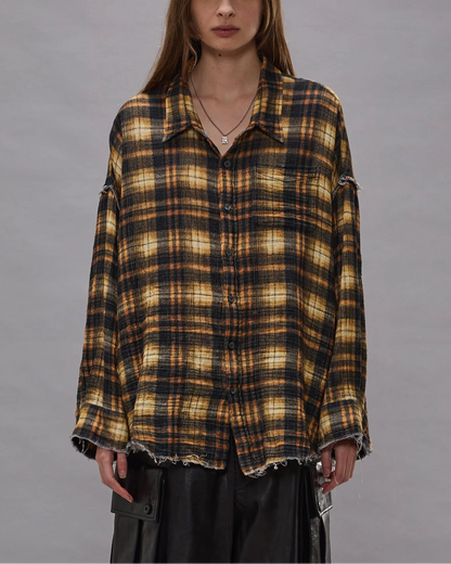 Shredded Seam Drop Neck Shirt Brown Plaid